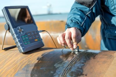 Worker,Is,Inspection,To,Pipe,Welds,With,Ultrasonic,Testing.,The Worker,Is,Inspection,To,Pipe,Welds,With,Ultrasonic,Testing.,The